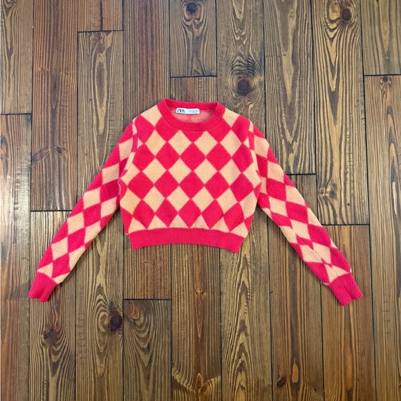 Zara Sweaters - Zara Pink and Red Argyle Sweater